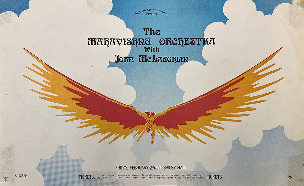 John McLaughlin and the Mahavishnu Orchestra concert poster found in Cornell's rare and manuscript collection, Kroch Library at Cornell